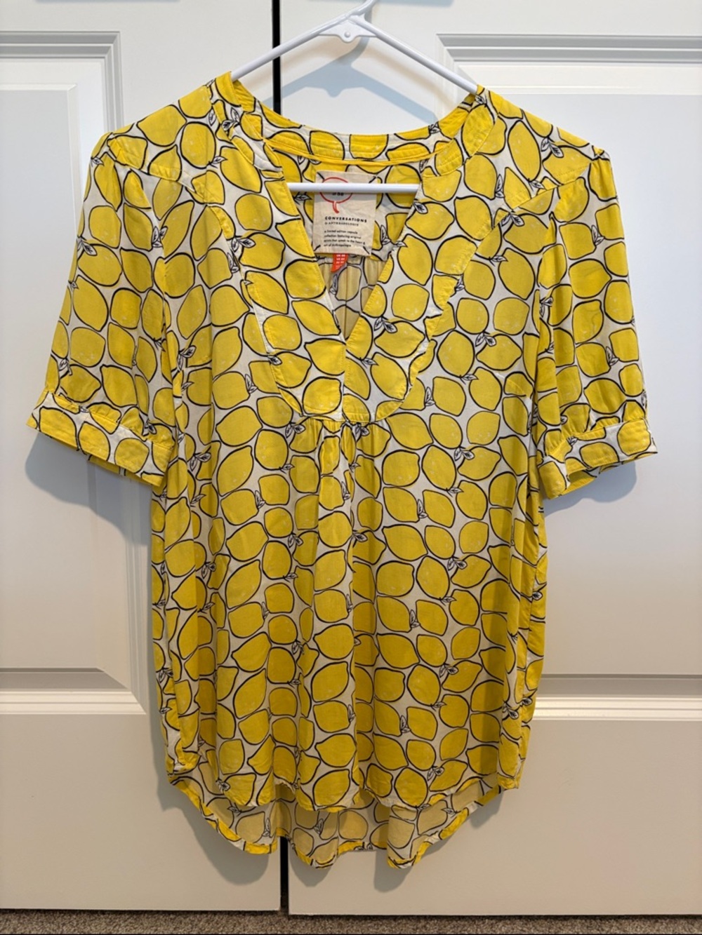 Anthropologie Yellow Lemon-Print Short Sleeve V-Neck Blouse
